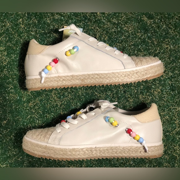 DOLCE VITA X TREVOR PROJECT Zoe Pride Ivory Beaded Raffia Leather Sneakers - Picture 7 of 13